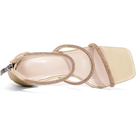 Women's Rhinestones Gold Strappy Back Zip Casual High Heels Sandals Shoes - Picture 8 of 9